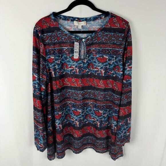 Suzanne Betro Weekend Women's Tunic Top Size 2X Red/Blue Print Long Sleeves NEW - Picture 1 of 6